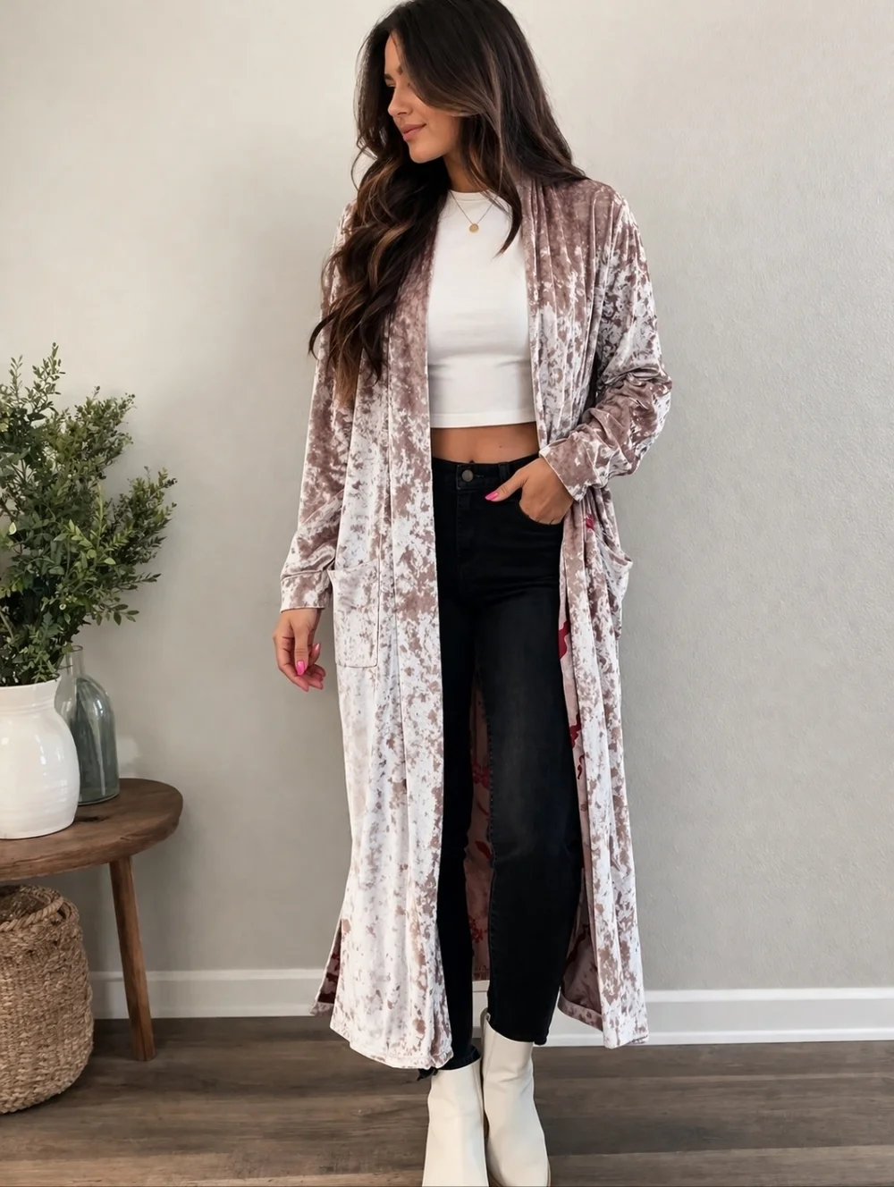 Panache Crushed Velvet Duster Cardigan Small Long Open Front Boho Maxi Kimono